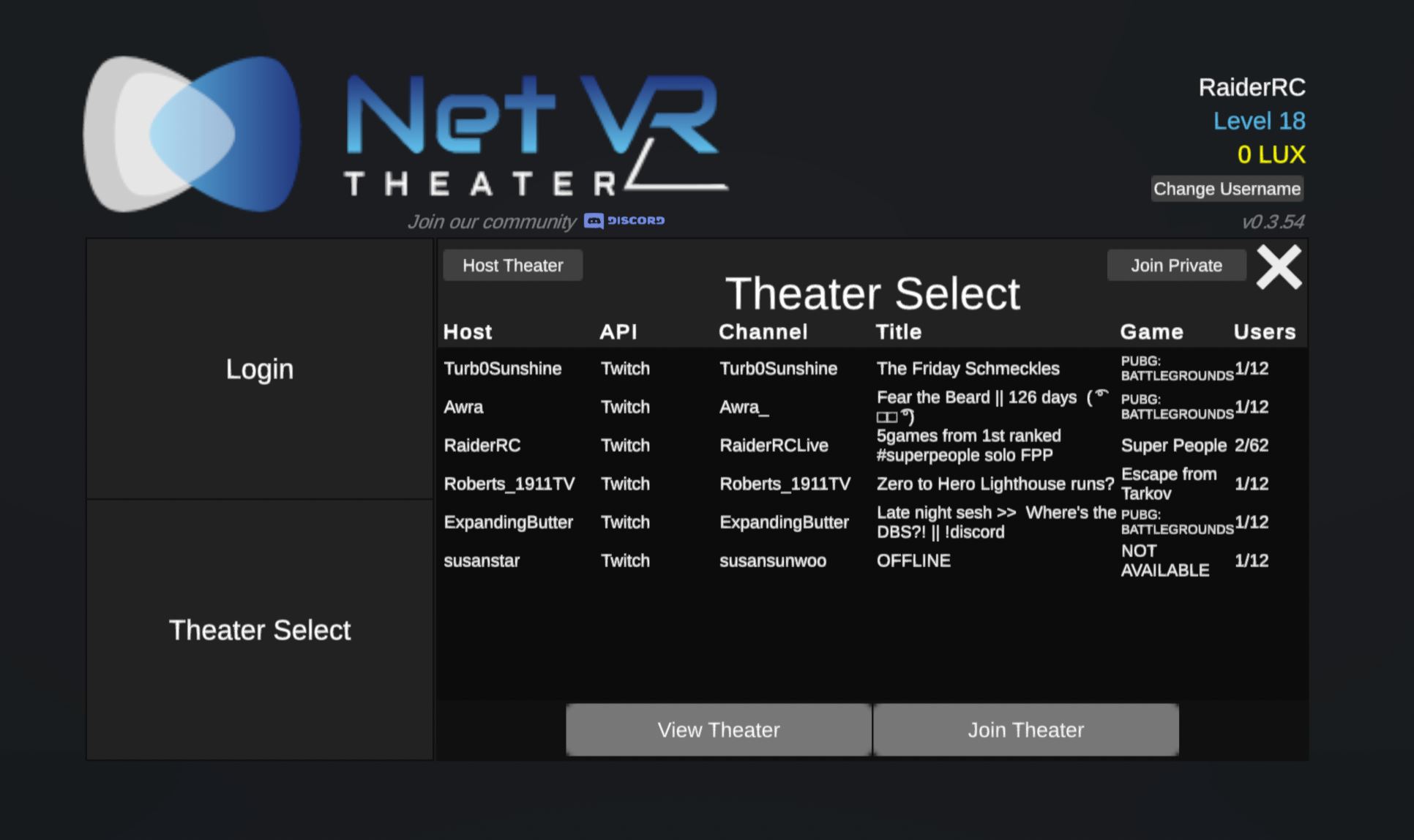 The Net VR Theater — theater select interface
